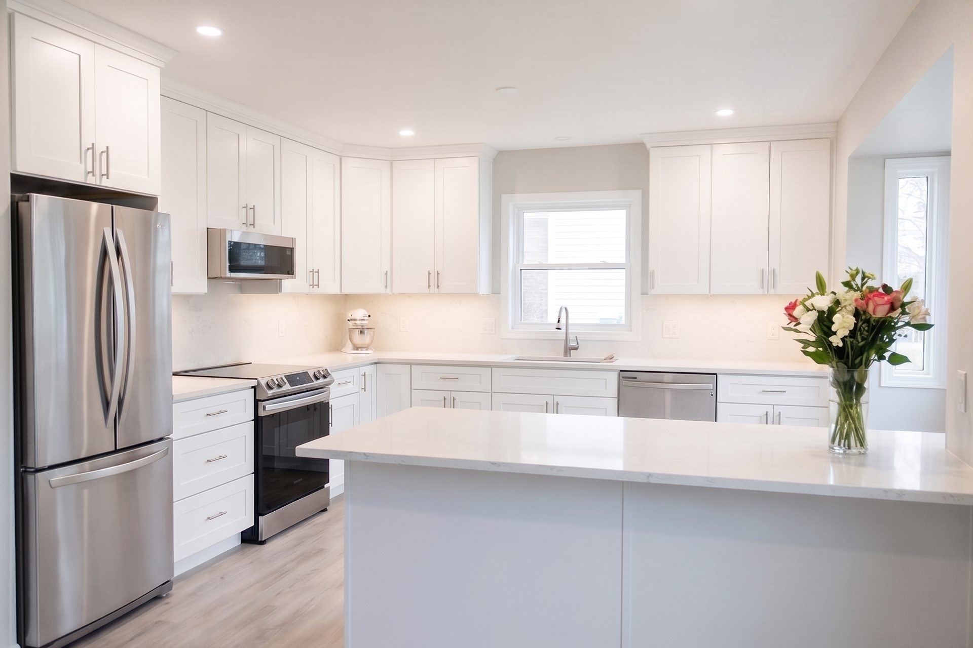 Completed kitchen renovation with white cabinets and bright finishes.