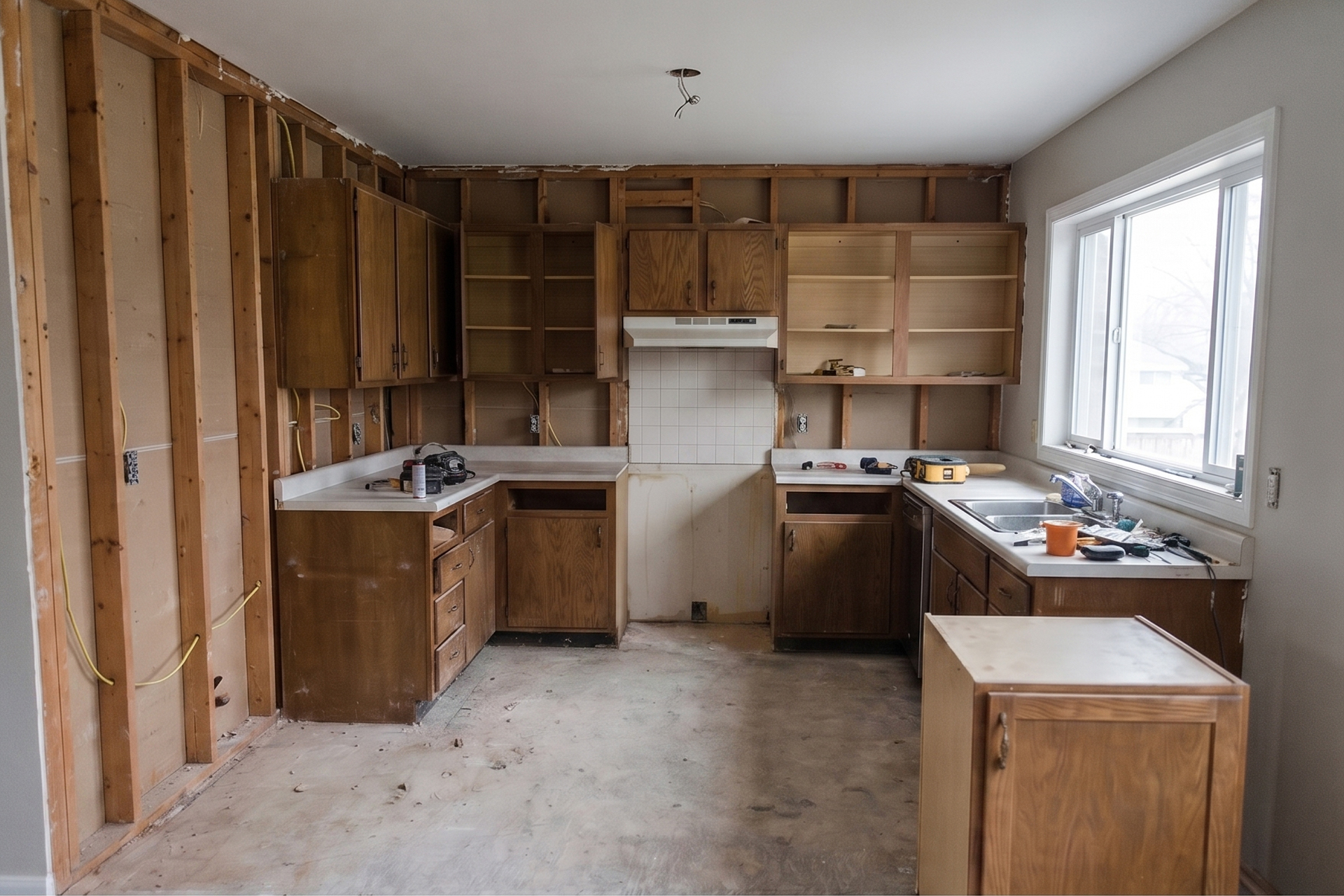 Kitchen before renovation with exposed framing and older cabinets.