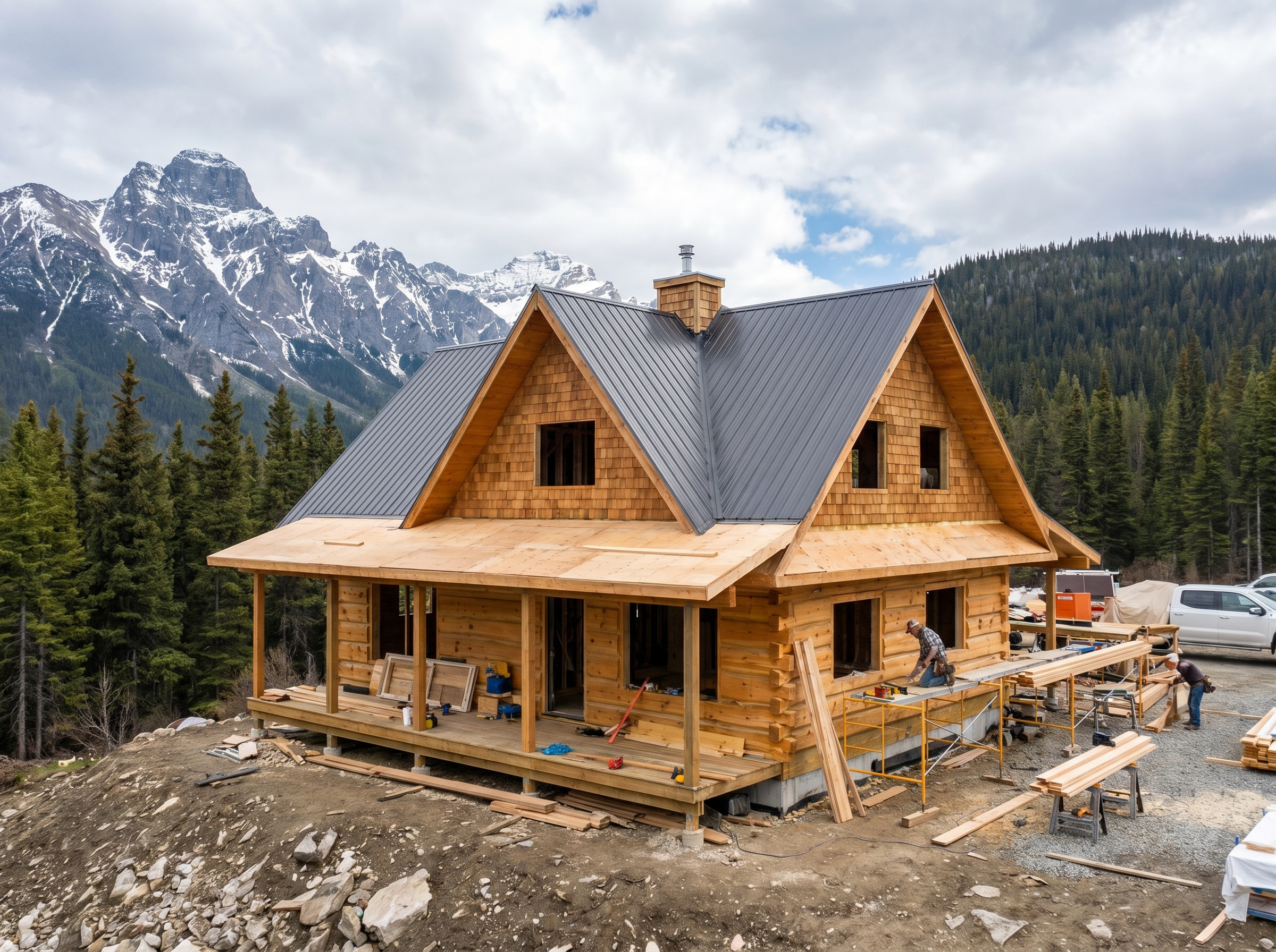 Timber home under construction in a northern mountain setting.